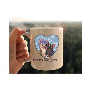 Frenchie Love Ceramic Mug - White with Blue Heart Art